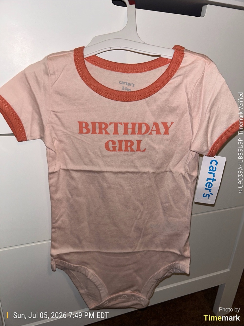 Carter's Peach Baby Bodysuit with Coral Trim - "Birthday Girl"